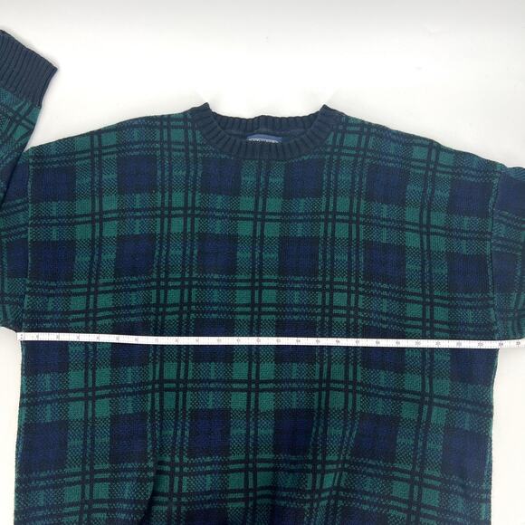 Vintage Lands End Mens Plaid Crewneck Cotton Knit Sweater Navy Green Size  XL - Picture 3 of 7